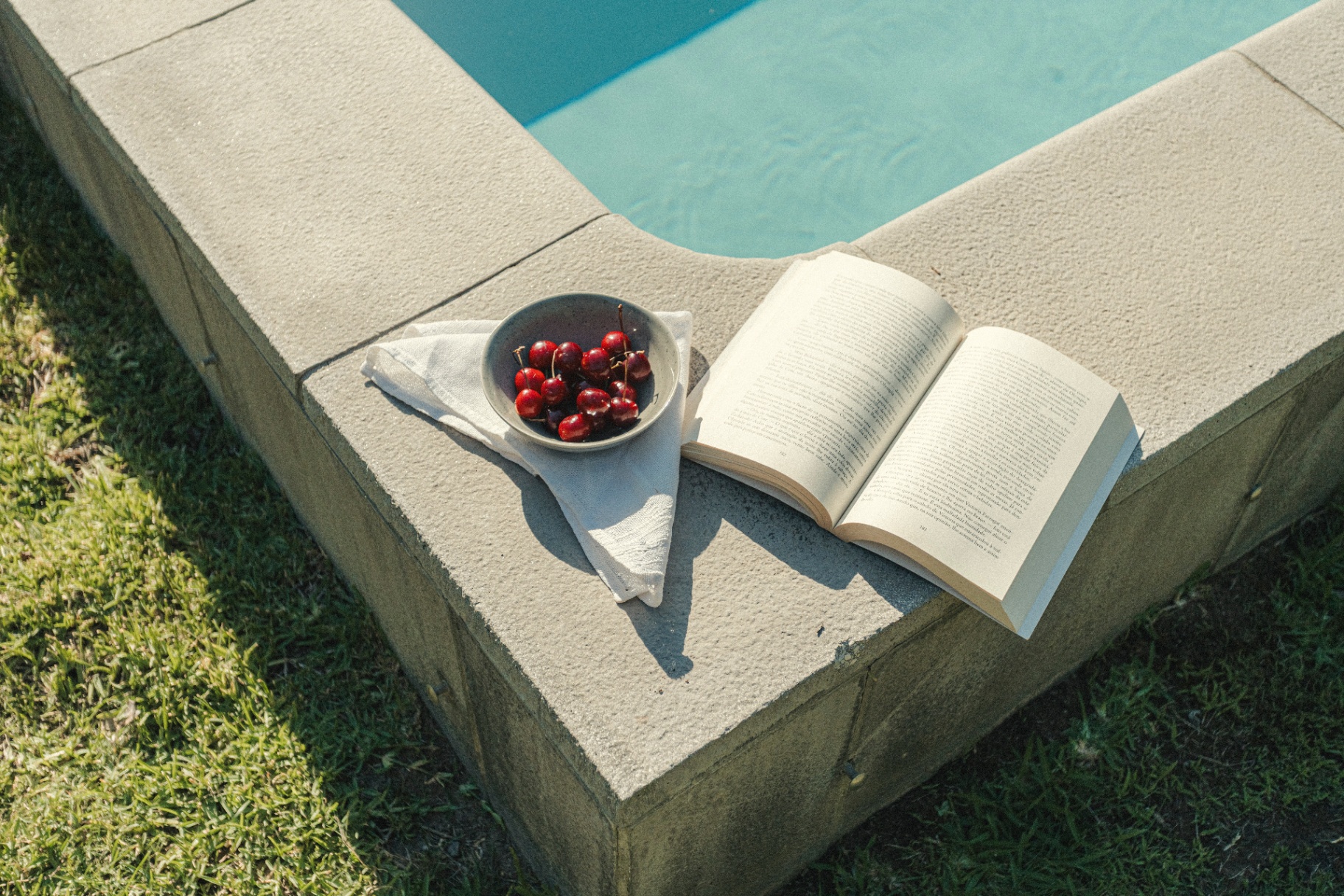 Bowl of cherries and an open book on the pool's edge