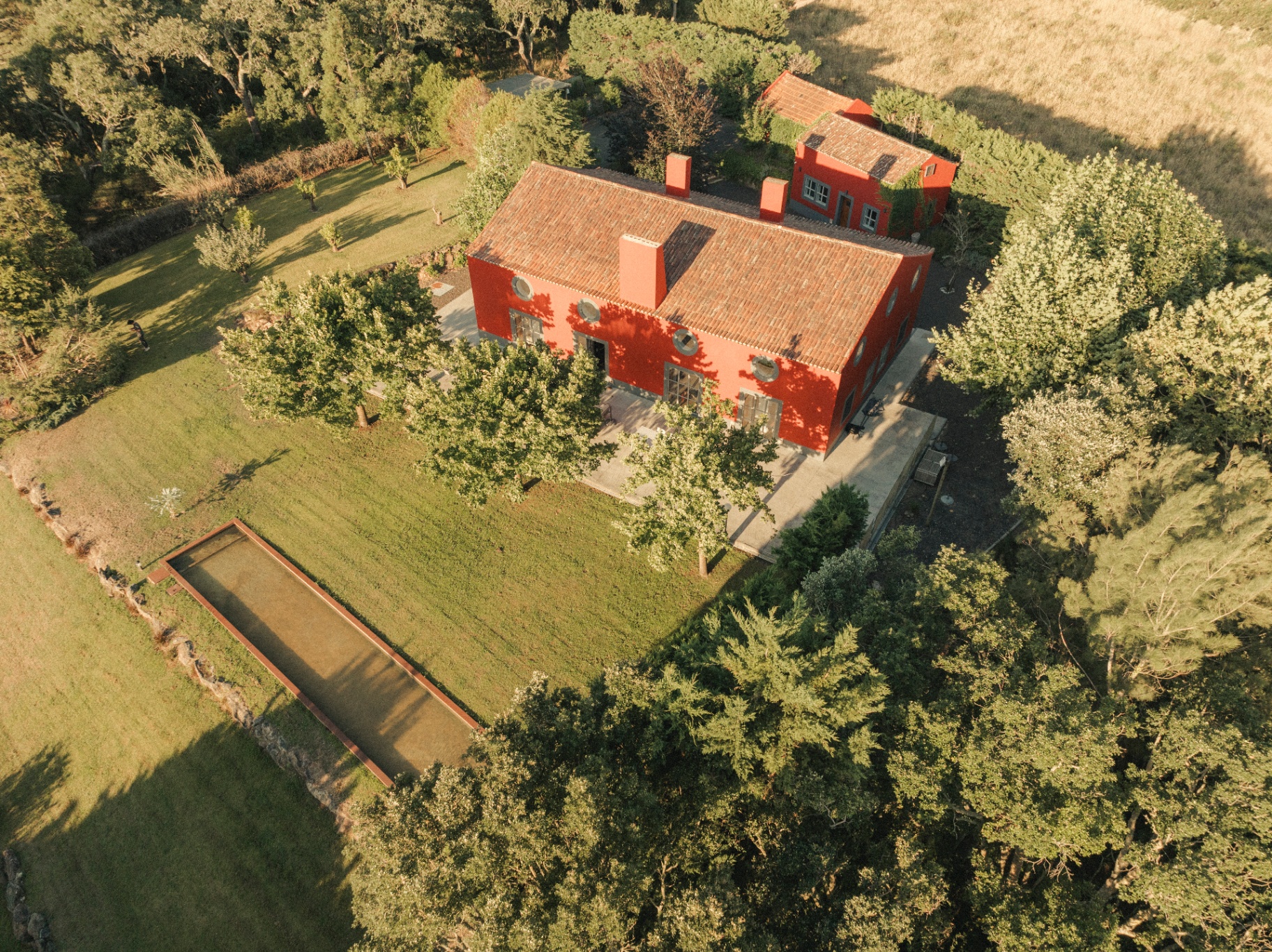 Aerial view of Big Red Barn and its gardens