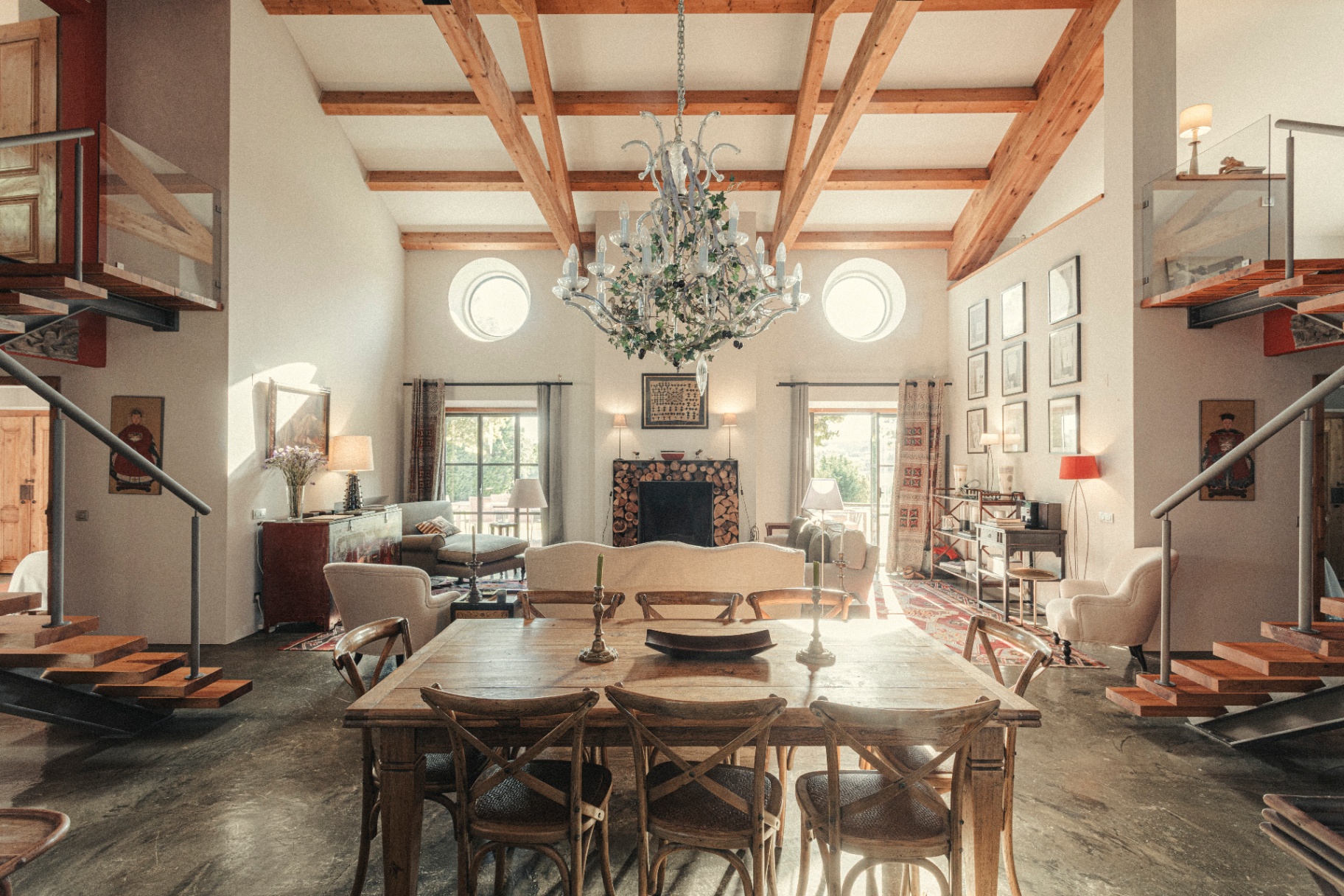 Dining room with chandelier and beamed ceiling