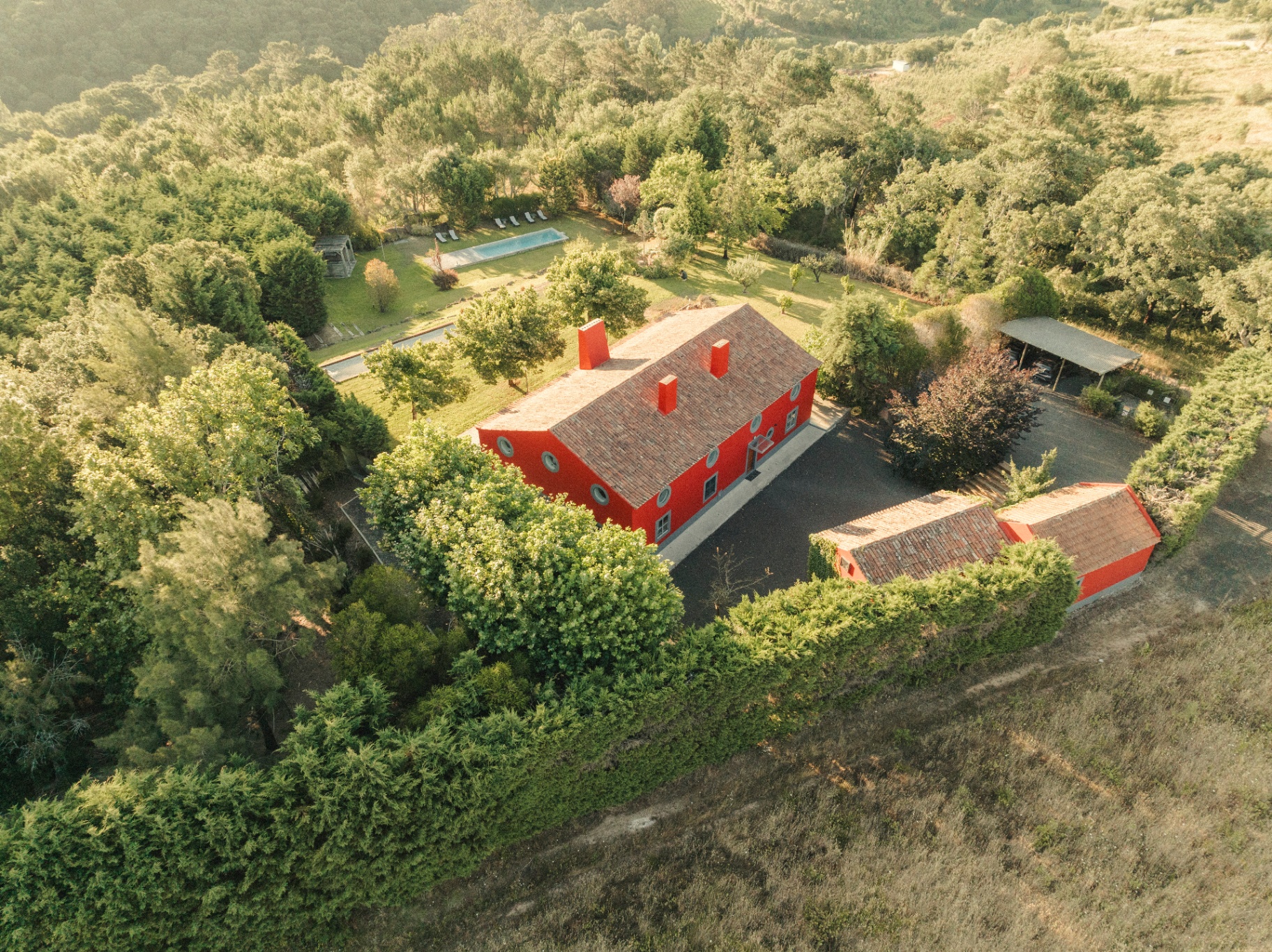 Aerial view of the property and pool