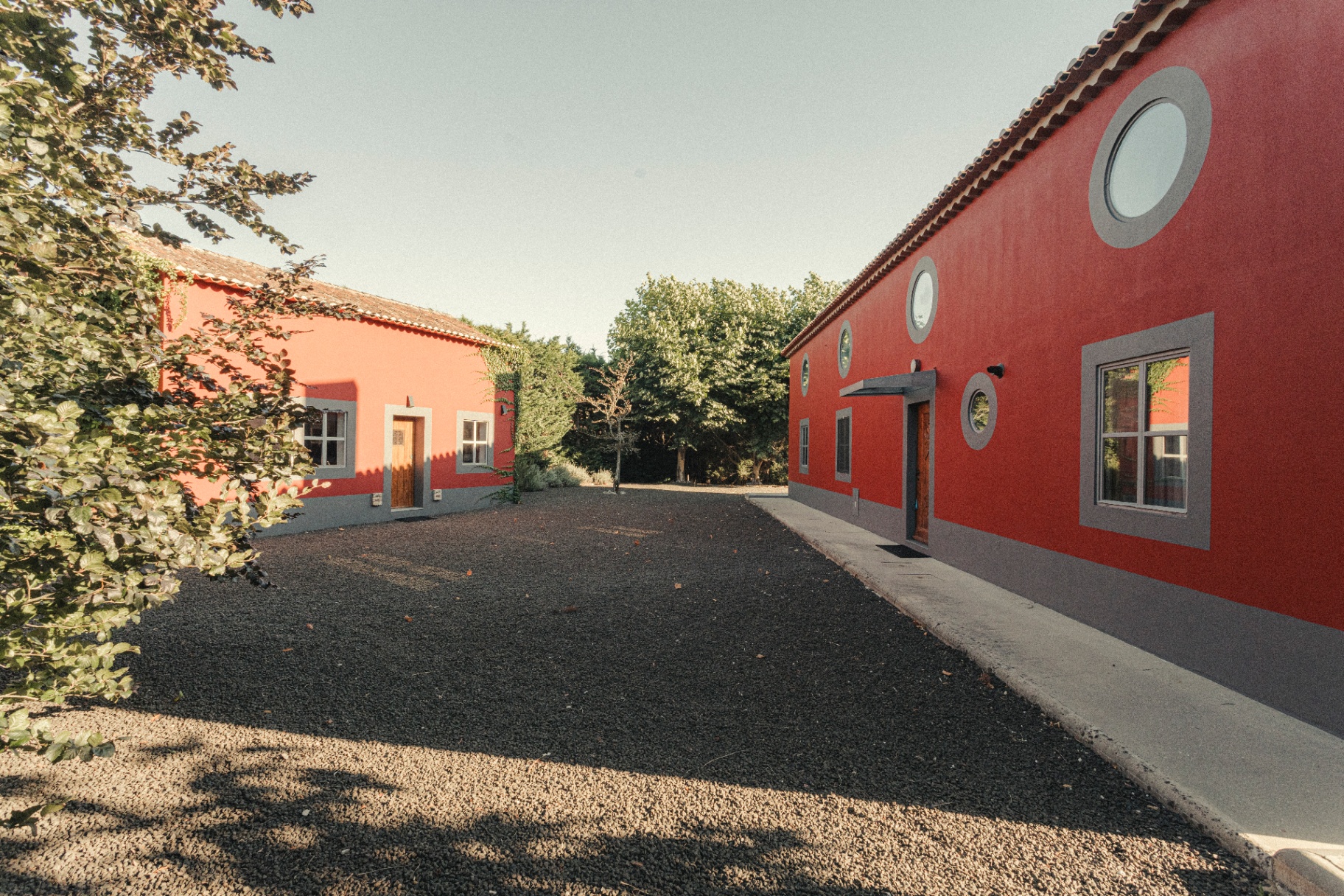 Entrance courtyard between the two red buildings